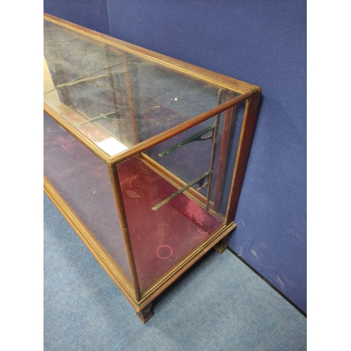 376 - Vintage mahogany glazed shop cabinet with opening to the reverse, glazed allover, metal shelve brack... 