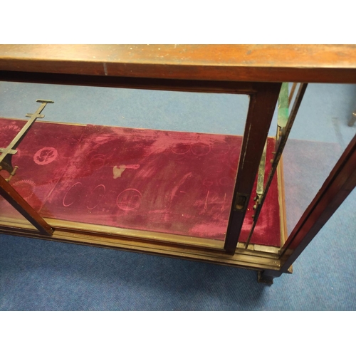 376 - Vintage mahogany glazed shop cabinet with opening to the reverse, glazed allover, metal shelve brack... 