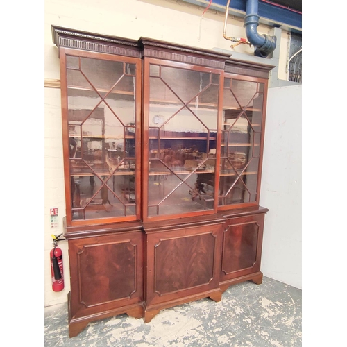 378 - Attractive Georgian style mahogany breakfront library bookcase with dentil cornice and reeded pedime... 