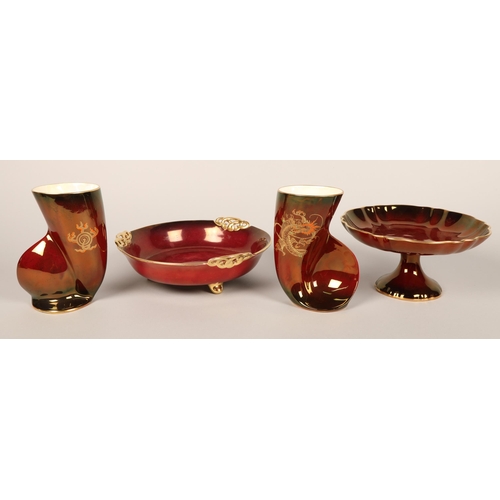 131 - Rouge Royale Carlton Ware tazza and footed bowl; two Crown Devon vases with dragon design (4).