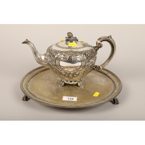 134 - 19th c. Martin Hall & Co. silver plate teapot and ball and claw footed salver (2)