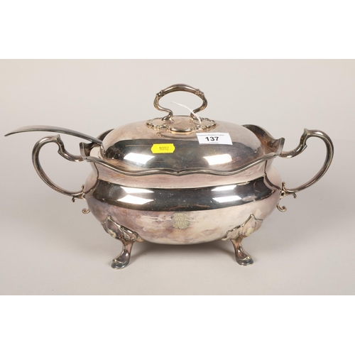 137 - Silver plated tureen on legs with ladel.