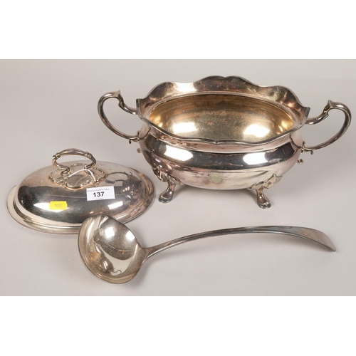 137 - Silver plated tureen on legs with ladel.