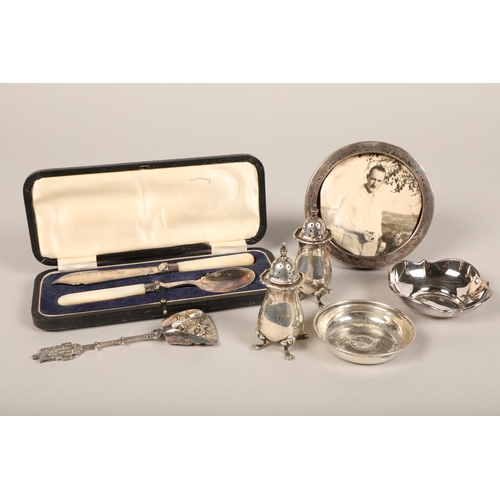 151 - Quantity of items including silver cruet set, plated fish knives with mother of pearl handles, silve... 