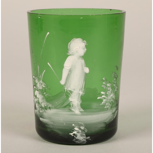 154 - Mary Gregory green glass beaker, 10 cm