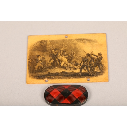 158 - Tartanware toggle, Mauchline ware small plaque with scenes