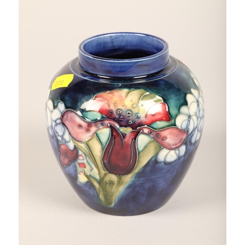 3 - Moorcroft Hibiscus squat vase with cream ground, 12 cm high, Moorcroft Hisbiscus ginger jar on blue ... 