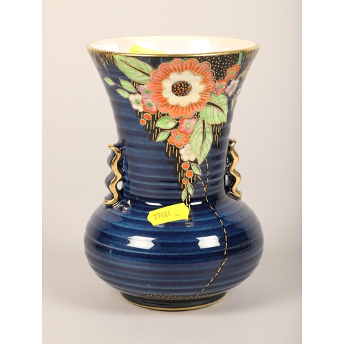 32 - Crown Devon vase on blue ground, 17 cm high, and Carlton Ware Vert Royale tazza dish (2)