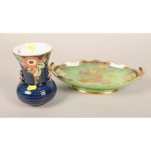 32 - Crown Devon vase on blue ground, 17 cm high, and Carlton Ware Vert Royale tazza dish (2)