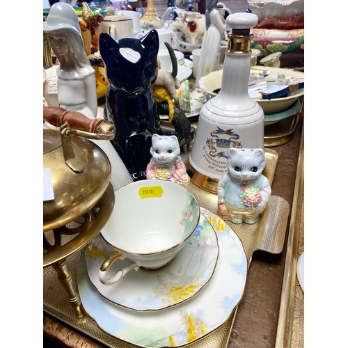 312 - Paragon teacup and saucer, plate, various cats, Whisky decanters etc.