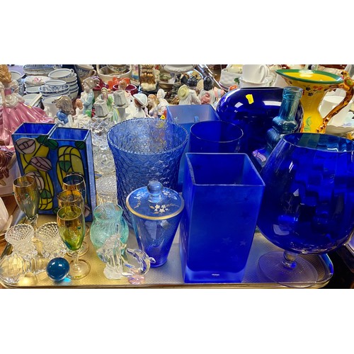 309 - Various glass including blue Macintosh style stain glass covers etc.