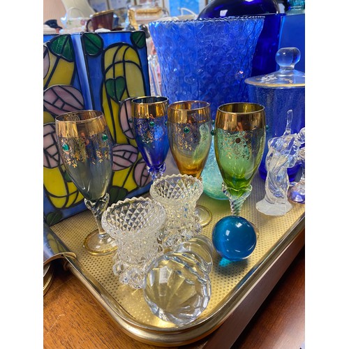 309 - Various glass including blue Macintosh style stain glass covers etc.