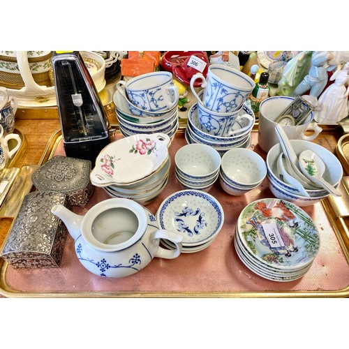 305 - Assortment of oriental ceramics, 5050 metronome, tea bowls, white metal jewellery boxes etc