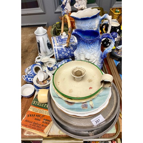 297 - Assortment of blue and white ware, jugs and miniature tea set, plates, candle holder, etc