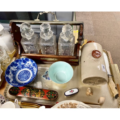 290 - Tantallus with three cut glass decanters, clay pipe, trinket boxes, bowls, etc .t