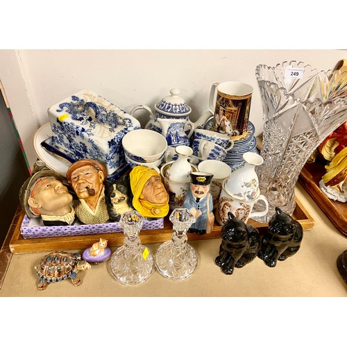 249 - Assortment of blue and white tea and dinner ware, coronation mugs, three Bosons chalk ware heads, mi... 