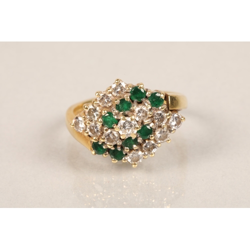 119 - 18 ct yellow gold diamond and emerald cluster ring. size L/M