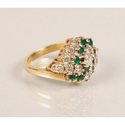 119 - 18 ct yellow gold diamond and emerald cluster ring. size L/M