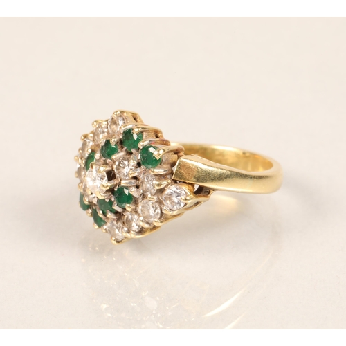 119 - 18 ct yellow gold diamond and emerald cluster ring. size L/M