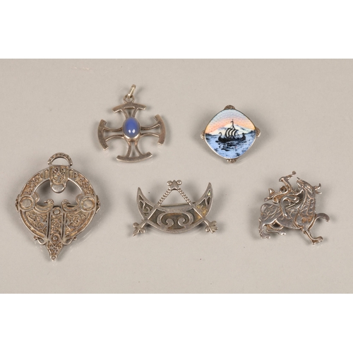 123 - Enamel silver brooch with a Viking ship, Four other silver Scottish brooches (5)