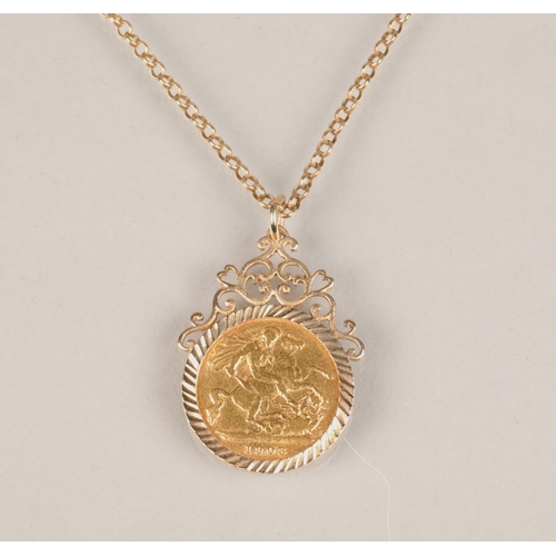 67 - Edward VII half sovereign, 1903, mounted in 9ct yellow gold on 9ct gold chain. total weight 10.2 gra... 