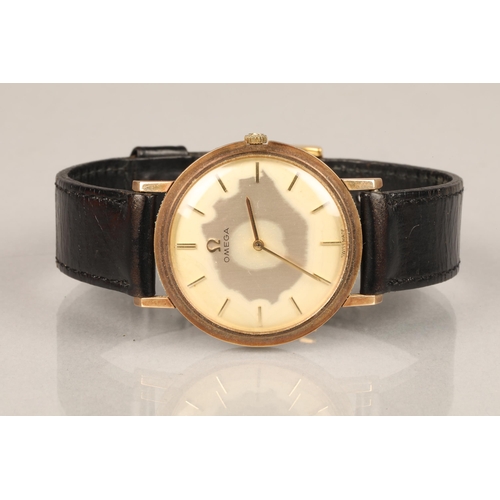 97 - 9ct gold Omega men's watch with leather strap.