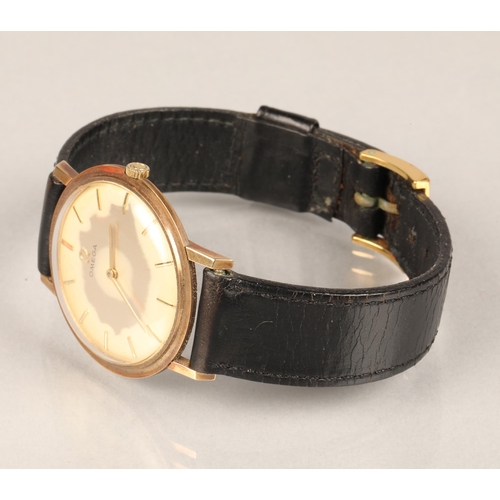 97 - 9ct gold Omega men's watch with leather strap.