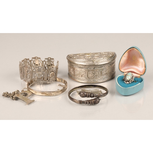 98 - Assortment of white metal and silver including ring, two bangles, bracelet, brooch, oriental style t... 