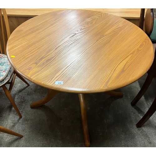 539 - Ercol circular pedestal table with four matching chairs.table diameter 100cm