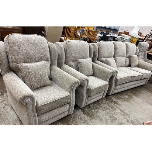 555 - Three piece contemporary living room suite, two arm chairs one three seater settee