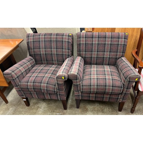 566 - Pair tartan upholstered arm chairs