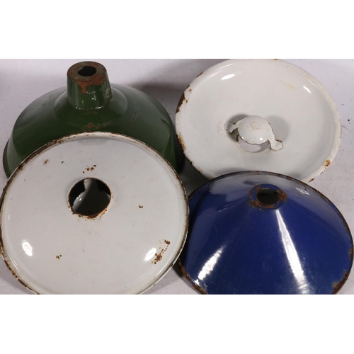 21 - Three industrial enamelled metal light shades and four others.