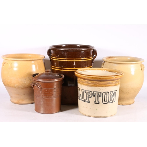 3 - Lipton stoneware storage crock, a twin-handled salt glazed storage crock, and three others.  (5)