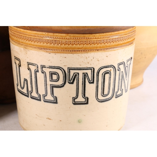 3 - Lipton stoneware storage crock, a twin-handled salt glazed storage crock, and three others.  (5)