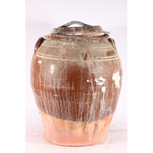 35 - Large terracotta salt-glazed olive jar and cover, 58cm.
