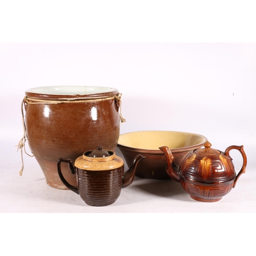 5 - Glazed stoneware storage crock, 30cm high, two treacle glazed teapots, and a vintage mixing bowl.  (... 