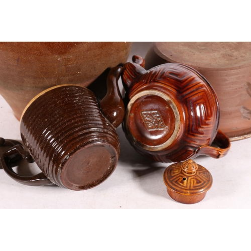 5 - Glazed stoneware storage crock, 30cm high, two treacle glazed teapots, and a vintage mixing bowl.  (... 