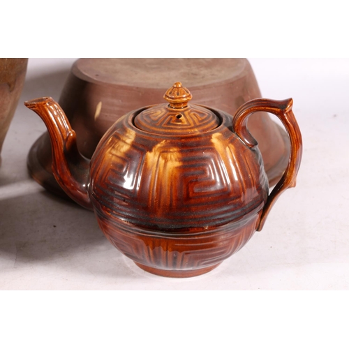 5 - Glazed stoneware storage crock, 30cm high, two treacle glazed teapots, and a vintage mixing bowl.  (... 