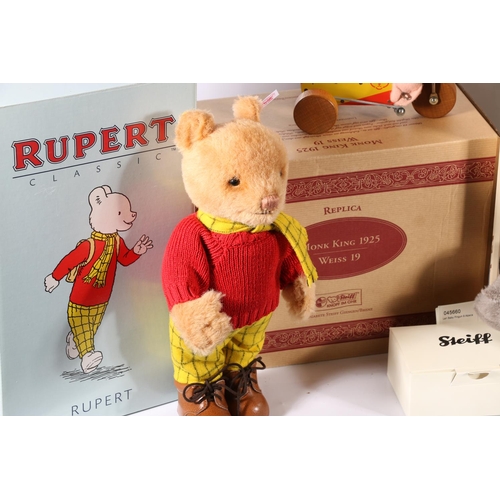 82 - Two Royal Crown Derby Steiff bears, Steiff Rupert the Bear, Steiff Monk King Replica, small Steiff p... 