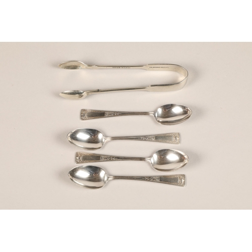 162 - Four silver tea spoons, Indian silver tongs (5)