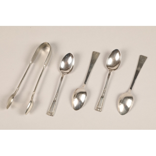 162 - Four silver tea spoons, Indian silver tongs (5)