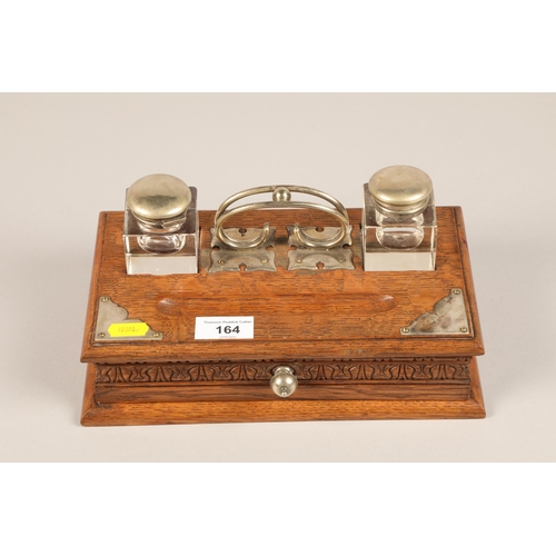 164 - Oak desk tidy with silver plate lidded inkwells