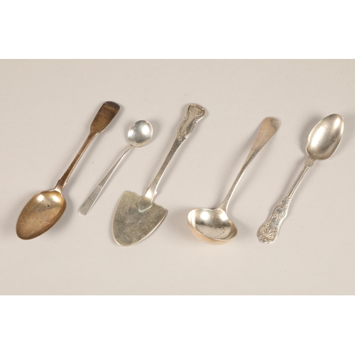 167 - Silver cake slice Edinburgh 1827, one spoon London 1828, another spoon Glasgow 1858, ladle spoon She... 