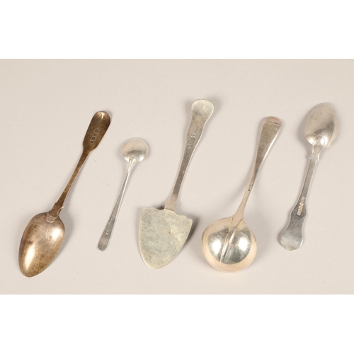 167 - Silver cake slice Edinburgh 1827, one spoon London 1828, another spoon Glasgow 1858, ladle spoon She... 