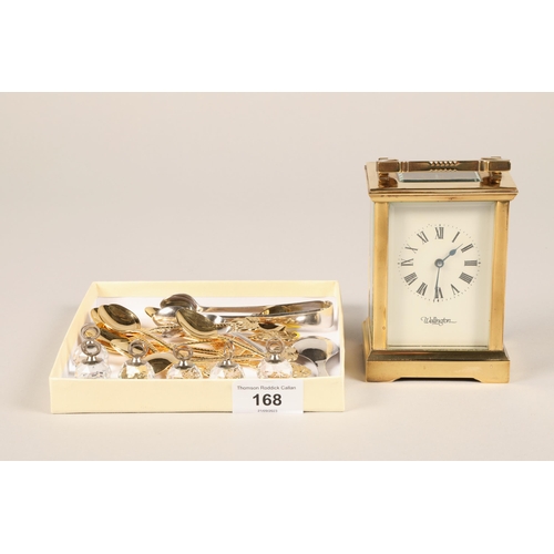 168 - Six crystal place card holders, Carriage clock by Wellington, assorted plated spoons, etc