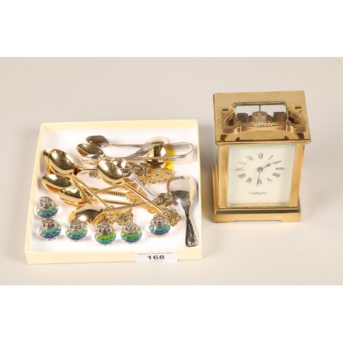 168 - Six crystal place card holders, Carriage clock by Wellington, assorted plated spoons, etc