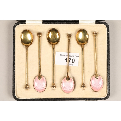 170 - Silver gilt and enamel silver coffee spoons in caseBirmingham 1936