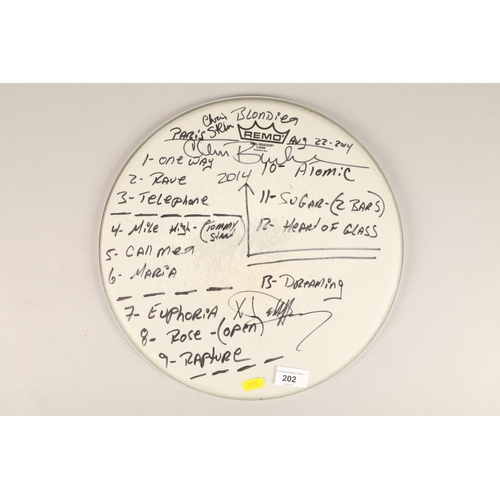 202 - Signed Blondie drum skin, autographs and setlist, 'Paris Aug 22 - 2014' 