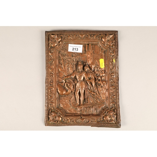 213 - French copper plaque in relief depicting Arthurian legend, 21 x 27 cm