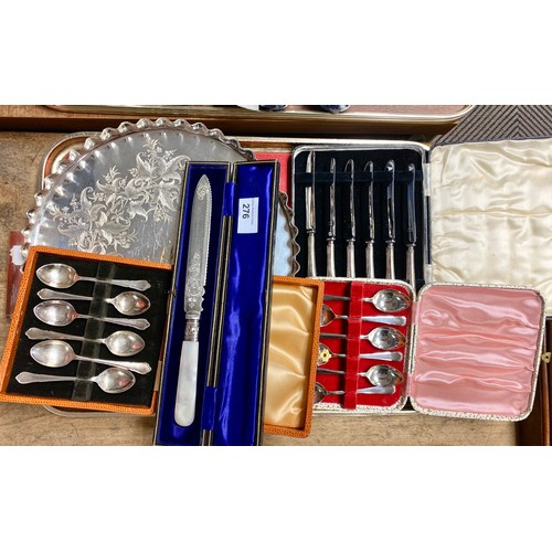 276 - Assortment of silver and plate including cased set of butter knives, tea spoons, salver, and knife, ... 